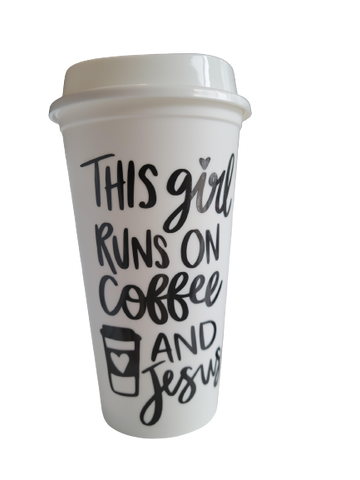Travel Coffee Mug | This Girl Runs on Coffee and Jesus